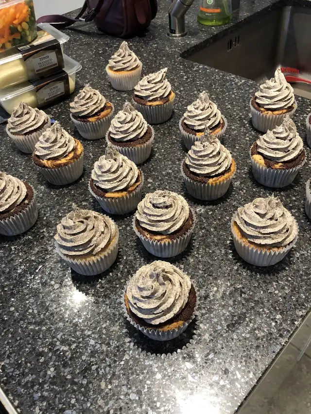 Chocolate cupcakes with cookies and cream frosting